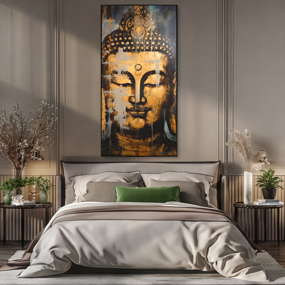 Tablou canvas cu tablou canvas cu chipul lui buddha, in rama de aluminiu negru, pe perete intr-un dormitor
